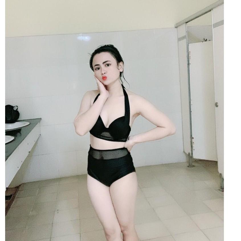 Bikini Đồ Bơi Đi Biển Hai Mảnh Áo Nâng Ngực Phối Lưới Quần Cạp Cao Che Bụng R25