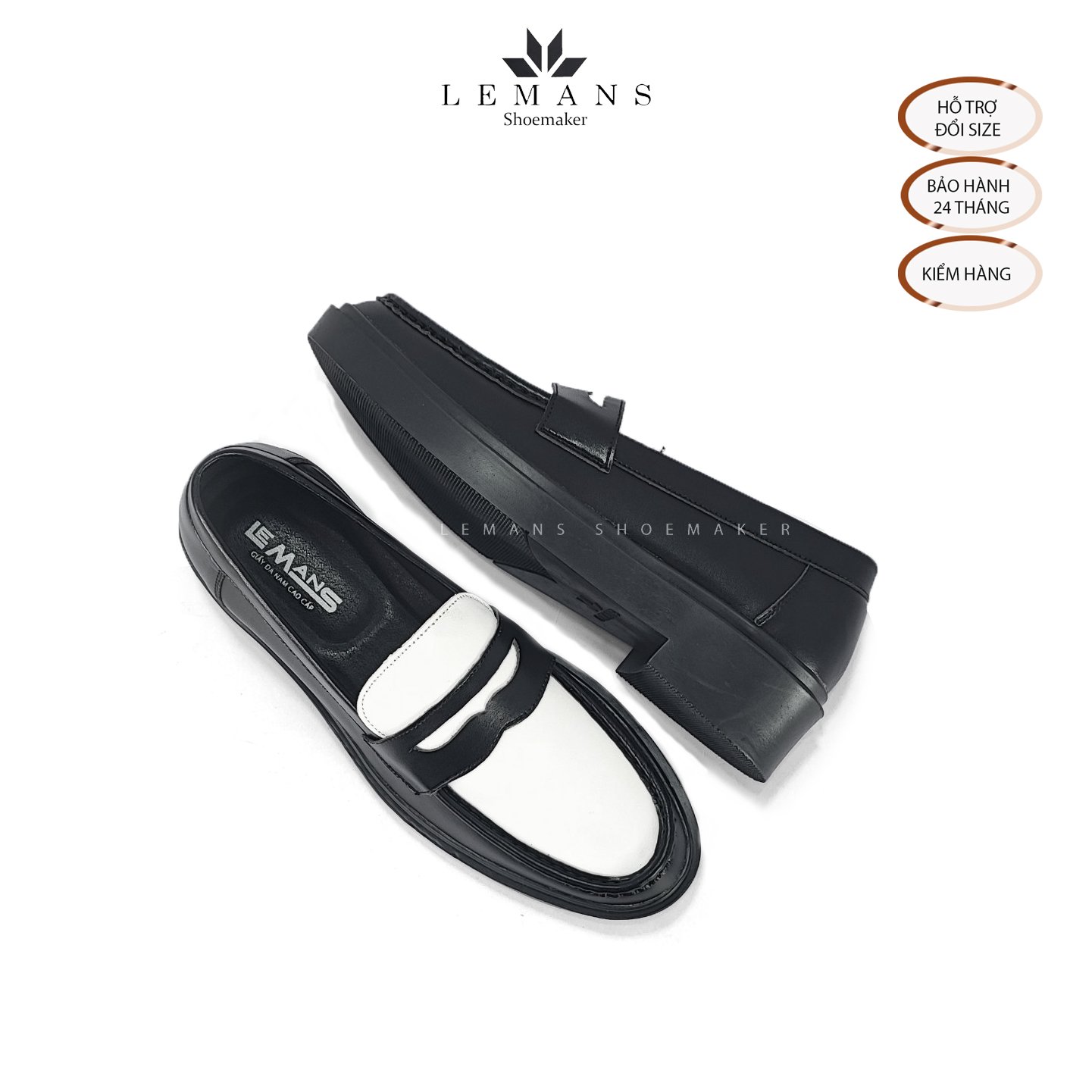 Giày da bò Penny Loafer Black White LEMANS, da bò thuộc nguyên tấm, tăng chiều cao 4cm, bảo hành 24 tháng