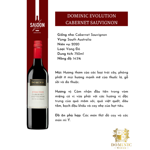 Rượu Vang Đỏ Dominic EVOLUTION Cabernet Sauvignon 750ml 14.5% Acl