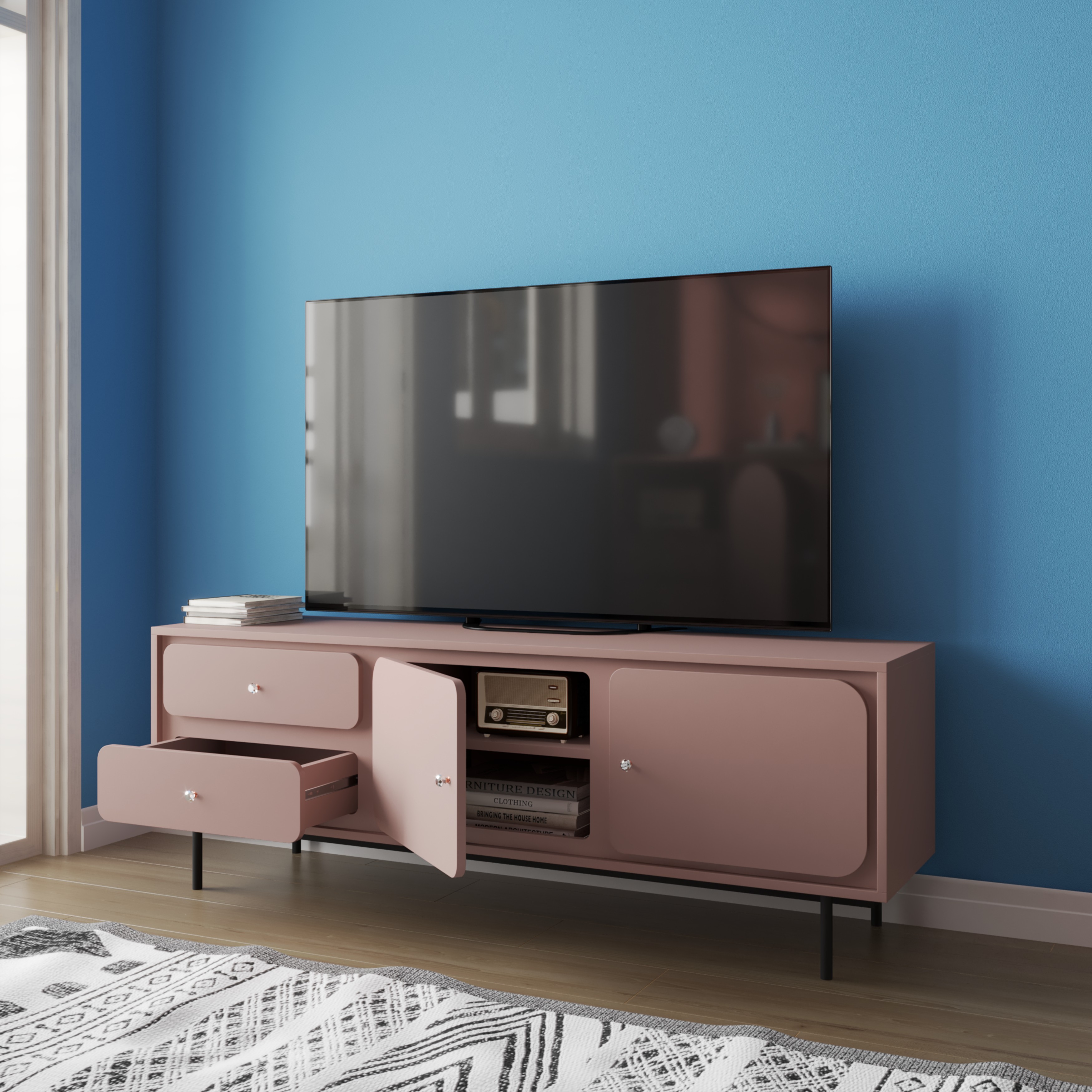 SWEETY , Tủ TV 2 cánh mở - 2 ngăn kéo - chân sắt , 160cm x 40cm x 56cm , KTV_016