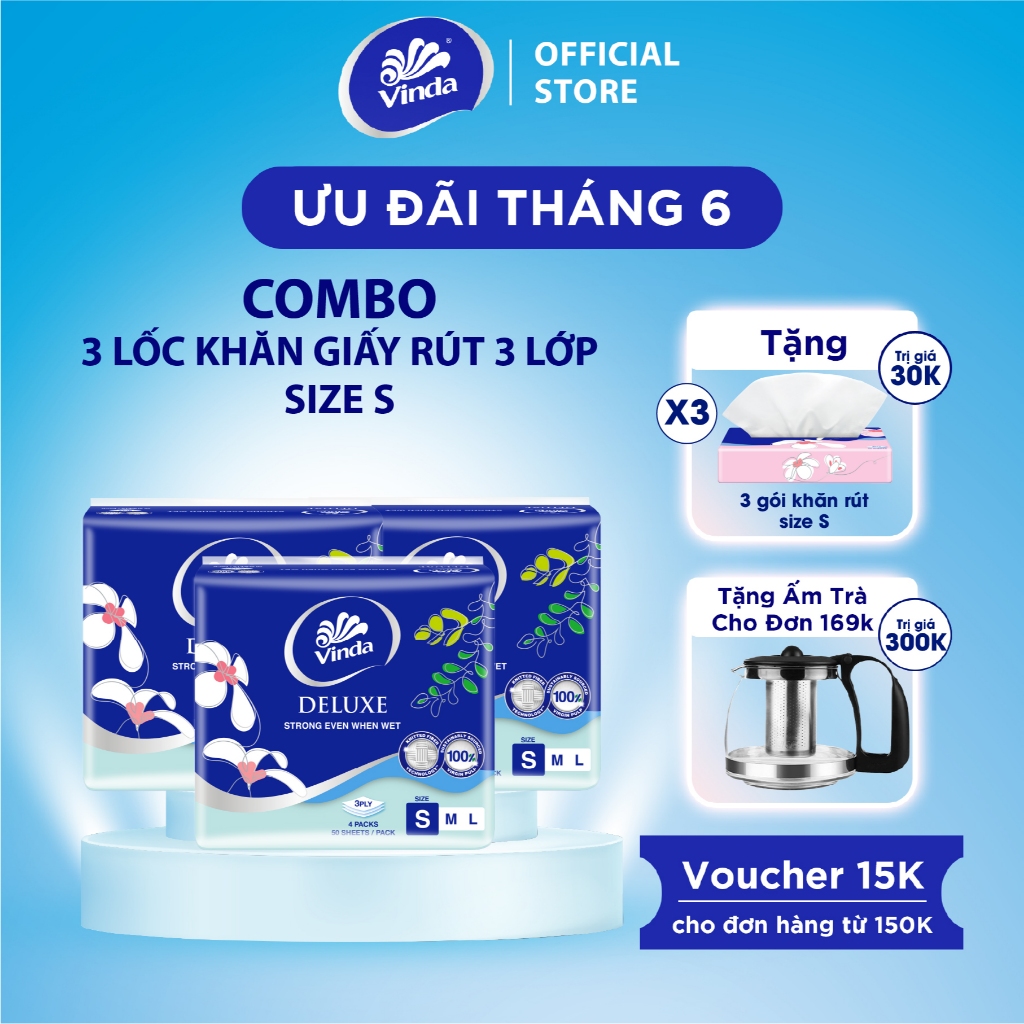 [MUA 3 LỐC SIZE S TẶNG 3 GÓI SIZE S ] Khăn giấy rút cao cấp Vinda Deluxe 3 lớp 50 tờ size S (4 Gói)