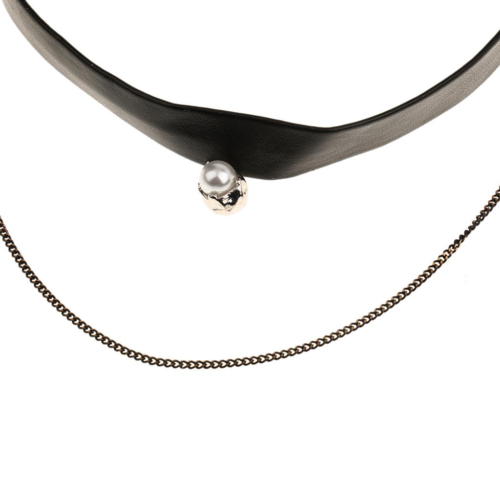 Simple Multilayer Chain Pearl Pendant PU Leather Choker Short Necklace Black