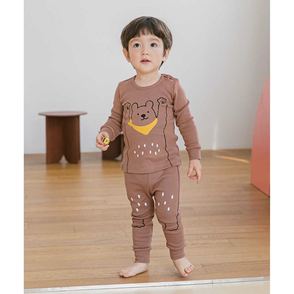 ĐỒ BỘ DÀI TAY CAO CẤP TRẺ EM NỘI ĐỊA HÀN, CHẤT THUN COTTON ORGANIC, MẪU GẤU NÂU