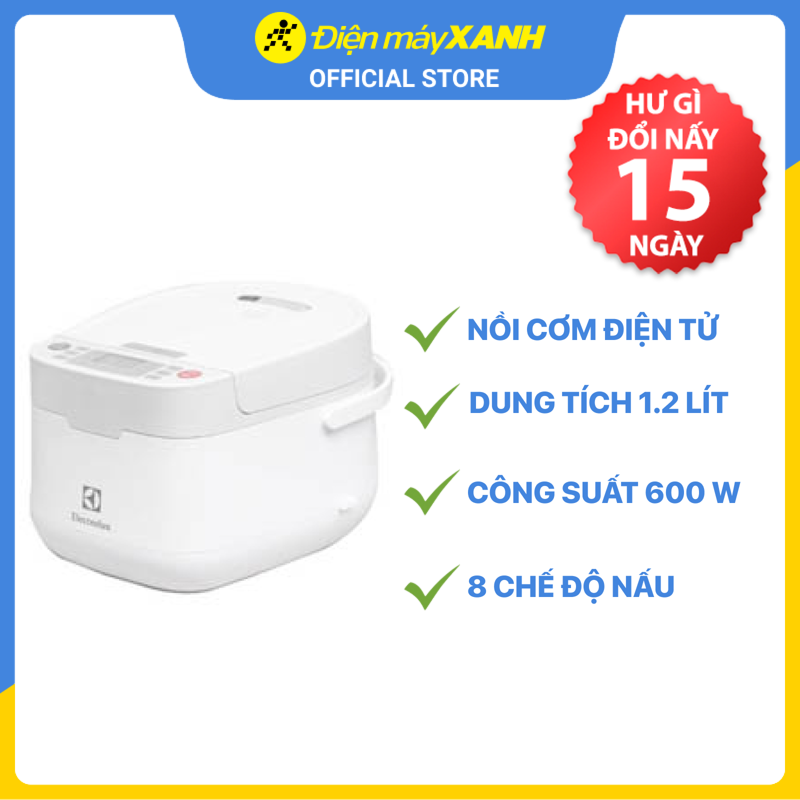 Nồi Cơm Điện Tử Electrolux ERC6503W - 1.2L (Trắng) - Hàng chính hãng