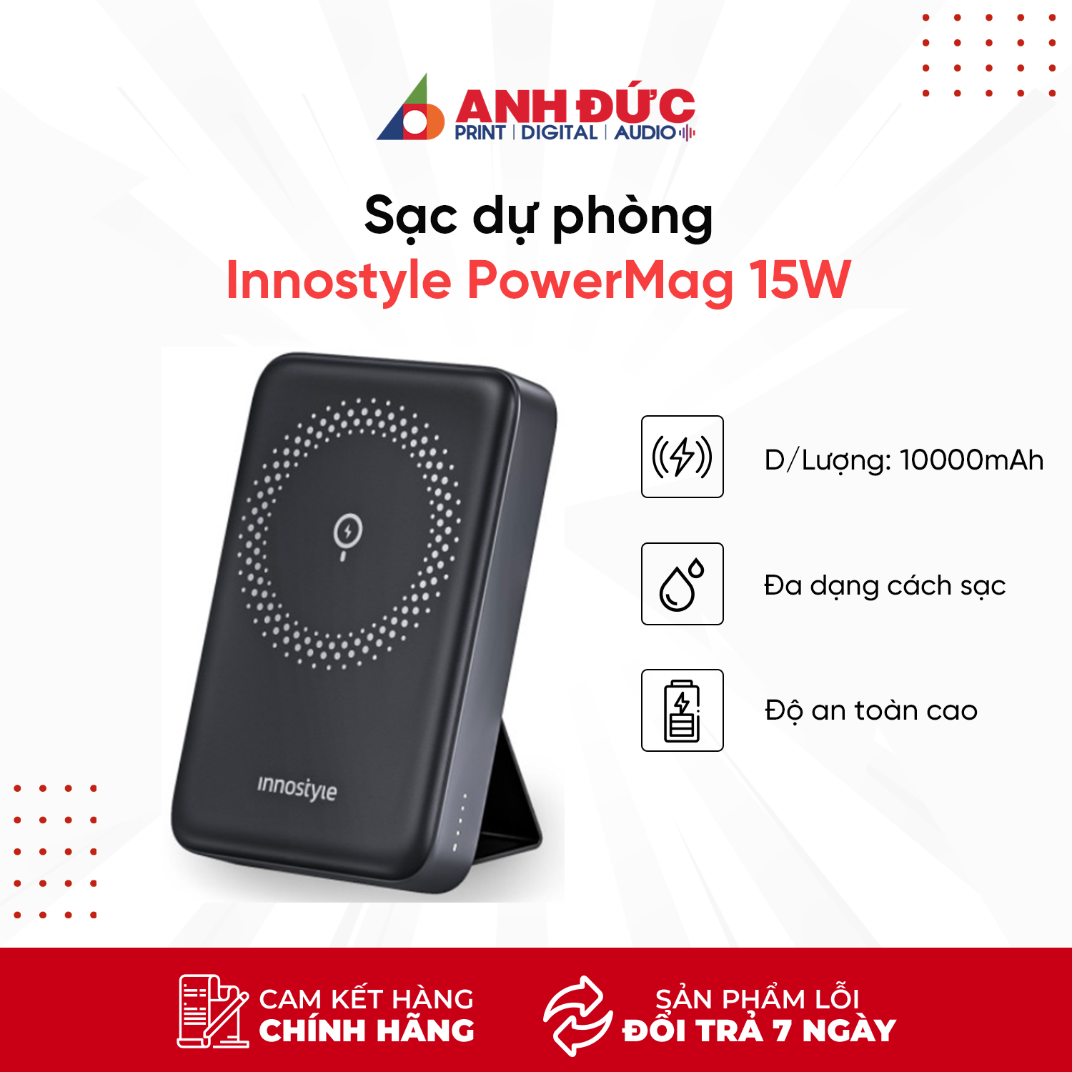 Sạc dự phòng Innostyle PowerMag 15W 2 in 1 stand 10000mAh PD 20W (IS20PDBLK) - Hàng chính hãng