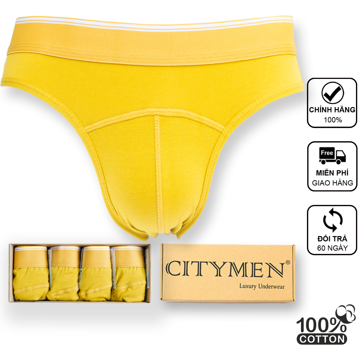 Hộp 4 Quần lót nam CITYMEN bản đặc biệt vải cotton co dãn 4 chiều cao cấp lưng trơn màu vàng