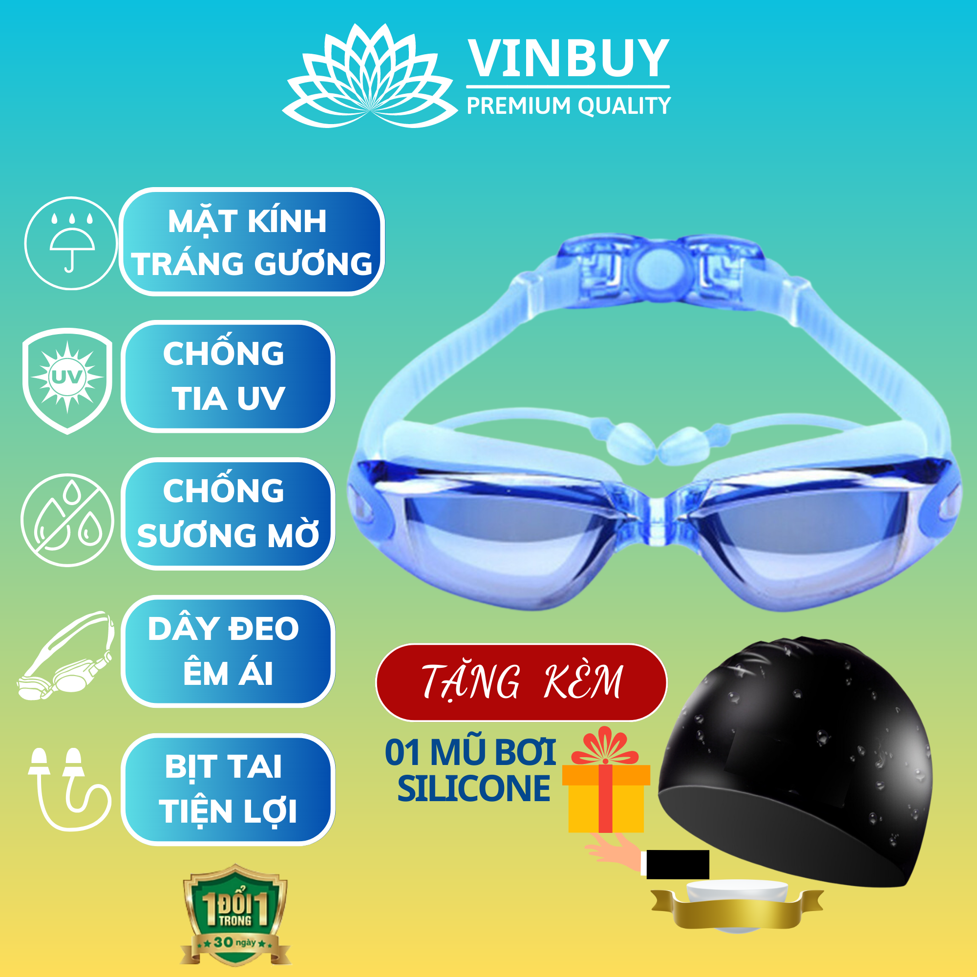 Kính Bơi Tráng Gương kèm bịt tai cao cấp VinBuy chống sương mù, chống tia UV Hàng chính hãng - Tặng kèm nón bơi Silicon (Màu ngẫu nhiên)