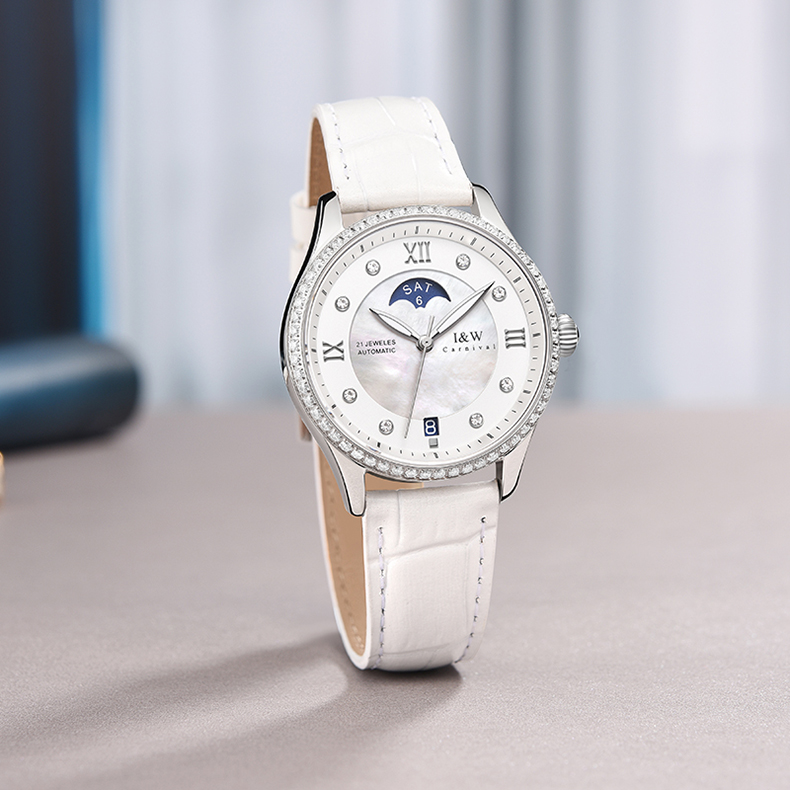 Đồng hồ nữ chính hãng I&amp;W CARNIVAL IW582G-1 Kính sapphire ,chống xước ,Chống nước 30m ,Bảo hành 24 tháng,Máy cơ (Automatic),dây da cao cấp, thiết kế đơn giản dễ đeo