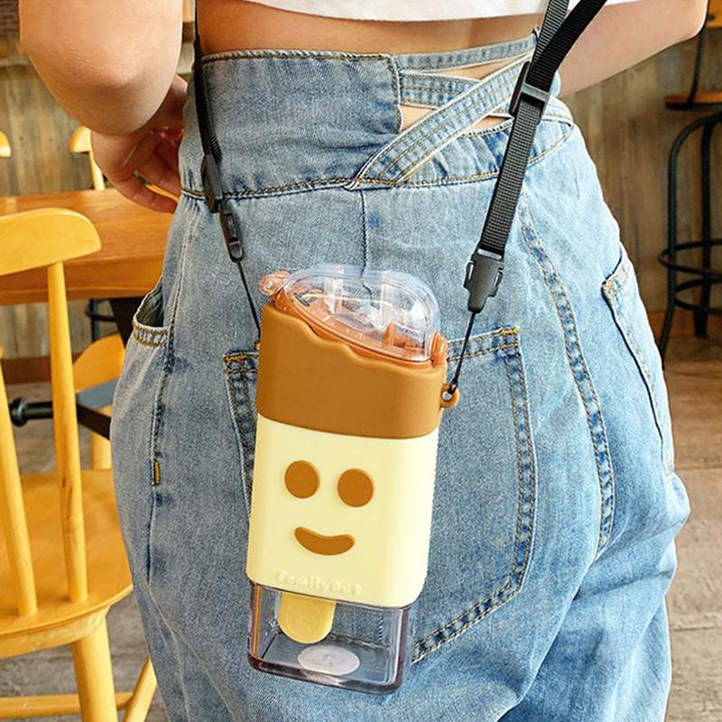 Mùa Hè Dễ Thương Kem Bình Nước Có Ống Hút Di Động Drinkware Với Dây Vuông Dưa Hấu Cốc Chống Rò Rỉ Tritan Bình Sữa Trẻ Em