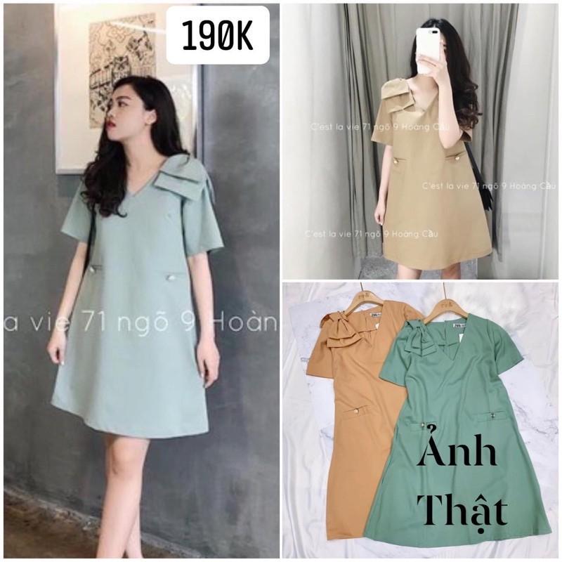 Đầm suông a nơ vai 3 màubầu bí bon chen