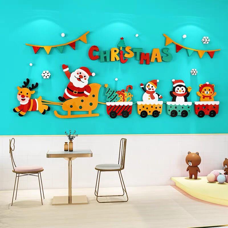 Decal dán tường trang trí Giáng Sinh hình ông già Noel cùng chú tuần lộc, người Tuyết, trang trí cửa kính cửa hàng