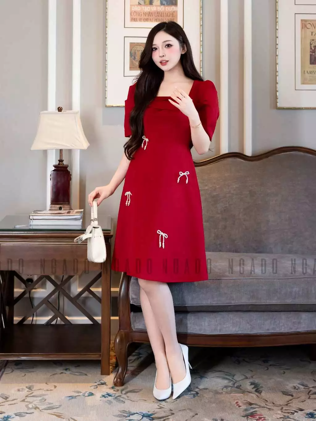 Đầm đỏ cổ vuông tay phồng NGADO , đầm ngắn , đầm dự tiệc