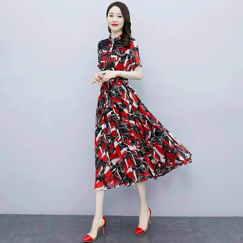 HÀNG NHẬP - ĐẦM MAXI VOAN HỌA TIẾT ĐỎ CỔ TRỤ BÈO