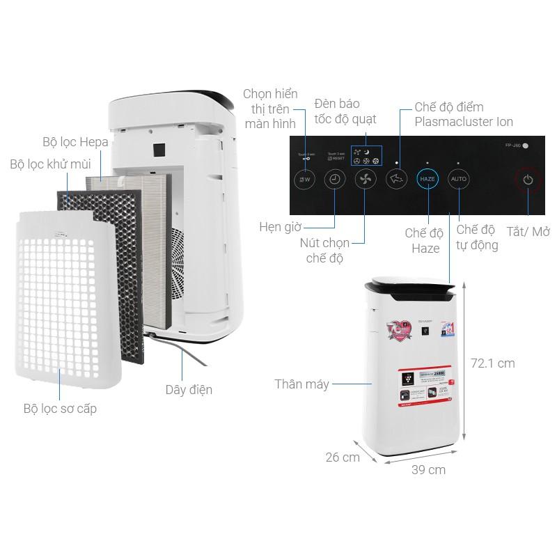 Máy lọc không khí cảm biến bụi Sharp diện tích 58m FP-J60E-W - Hàng chính hãng