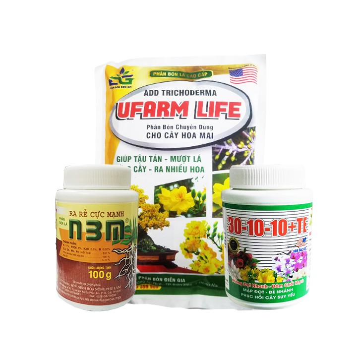 Bộ sản phẩm hoa mai kích rễ, bung chồi, cứng cây, mượt lá cho mai (n3m 100gr, ufarm life cho mai 700gr, npk 30-10-10 100gr)