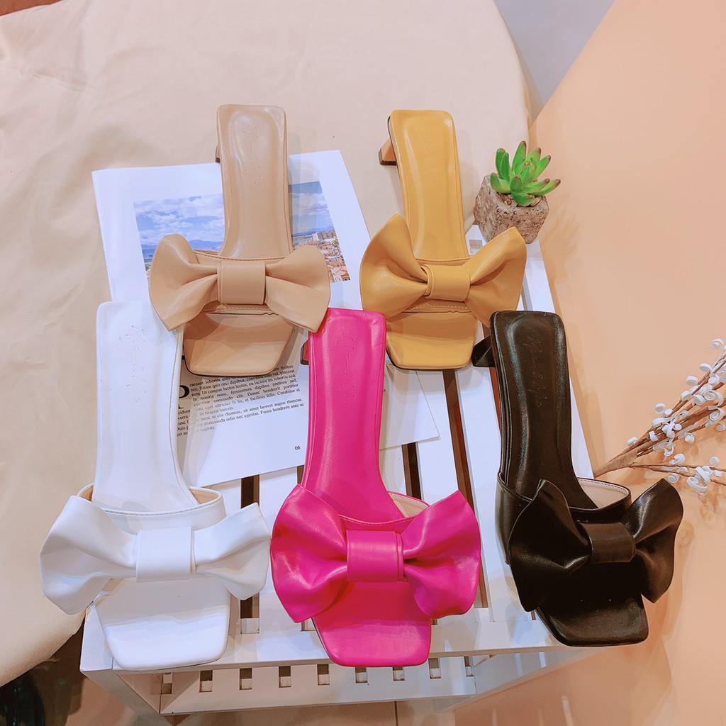 Guốc gót dẹp quai ngang đính nơ