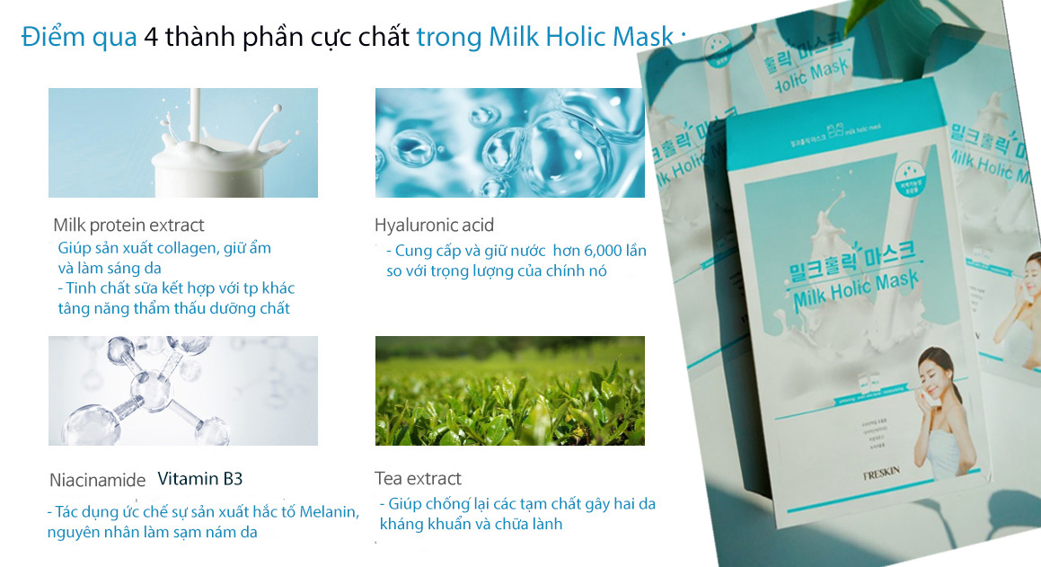 Hộp 10 Mặt Nạ Tinh Chất Sữa, Collagen Dưỡng Trắng và Cấp Ẩm - FRESKIN Milk Holic Mask