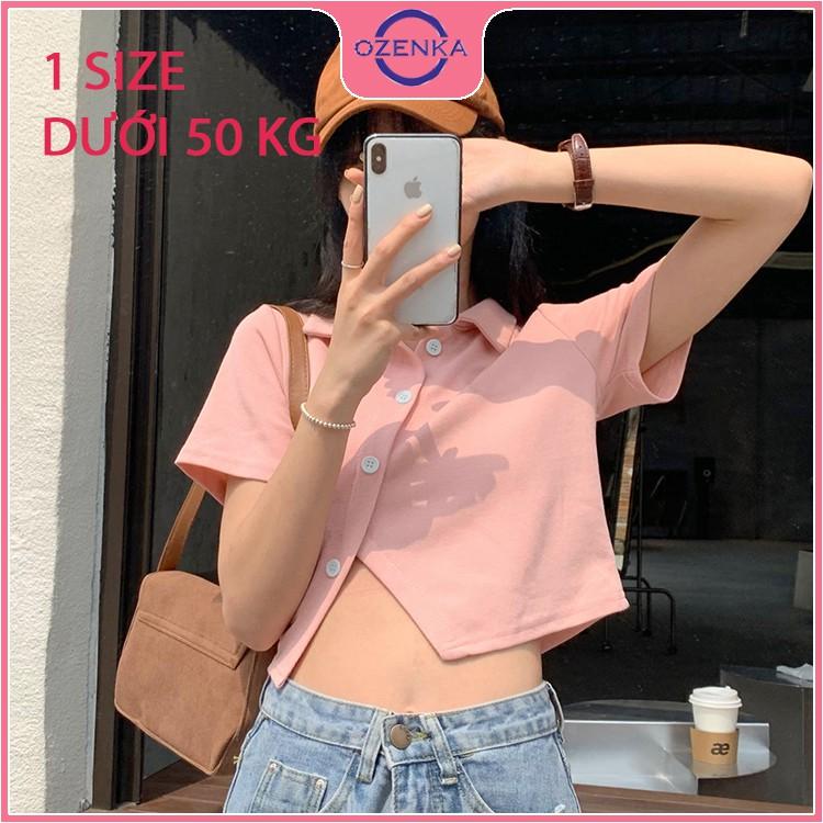 Áo croptop polo nữ tay ngắn vạt chéo , áo thun nữ có cổ cúc thật thun gân 100% cotton nhiều màu size dưới 50 cân