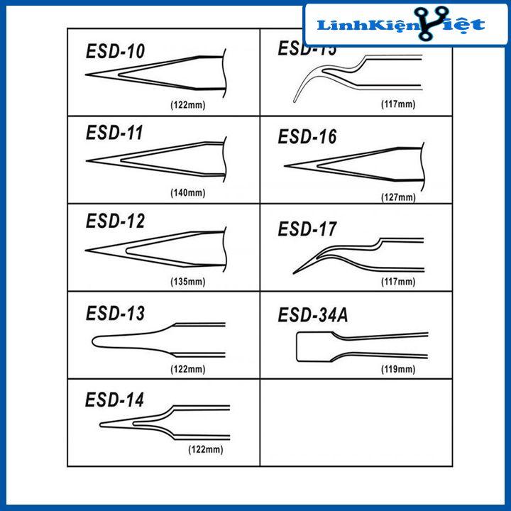 Bộ 9 nhíp kẹp ESD đủ đầu gắp linh kiện điện tử inox chống tĩnh điện cao cấp