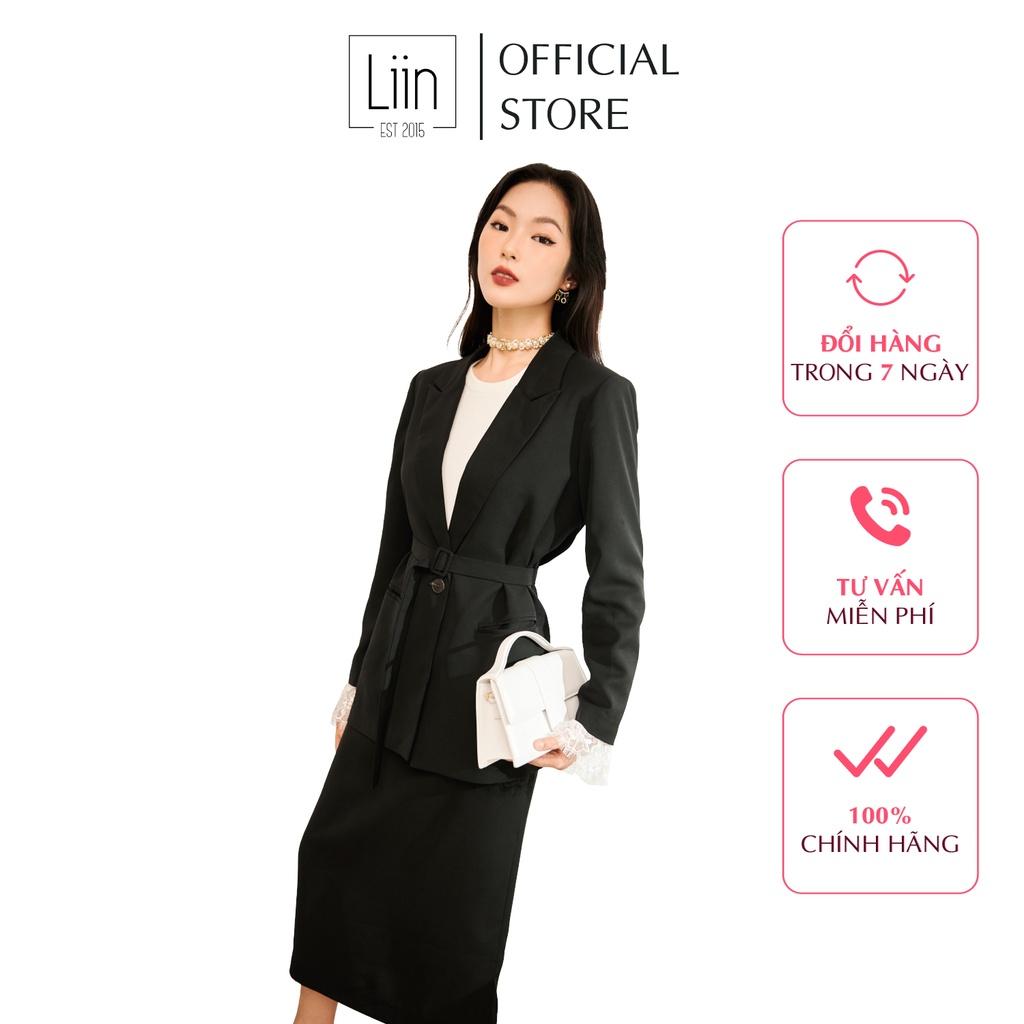 Set áo blazer phối chân váy dáng dài màu đen trang trọng
