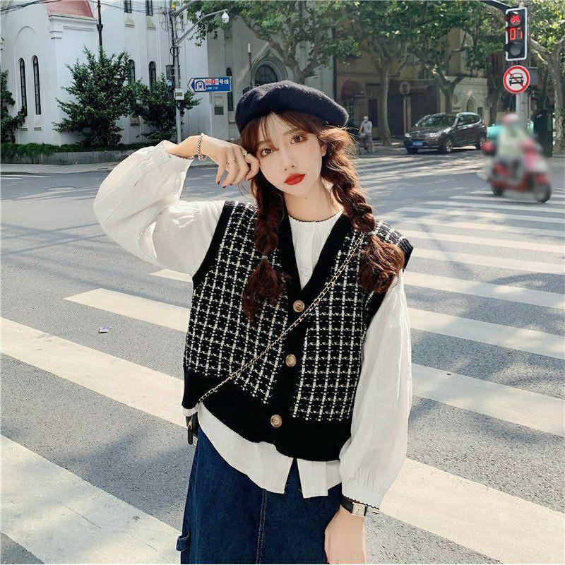 Áo gile cardigan đa năng mix sọc retro phong cách Vintage