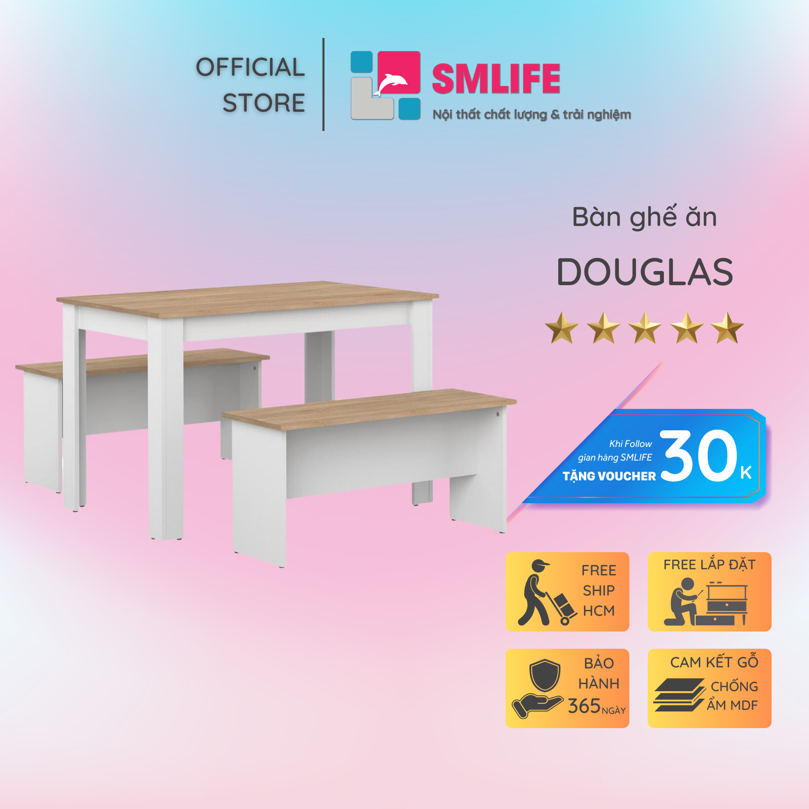 Bộ bàn ghế ăn gỗ hiện đại SMLIFE Douglas | Gỗ MDF dày 17mm chống ẩm | Bàn: D120xR70xC75; Ghế: D90xR33xC43.5cm