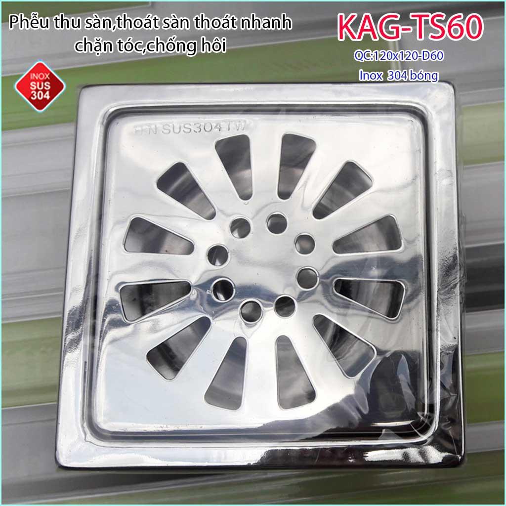 Phễu thoát sàn 12x12cm KAG-TS60 chống mùi hôi inox 304, hố ga thoát sàn 12x12cm cho ống D60mm mặt hoa cúc