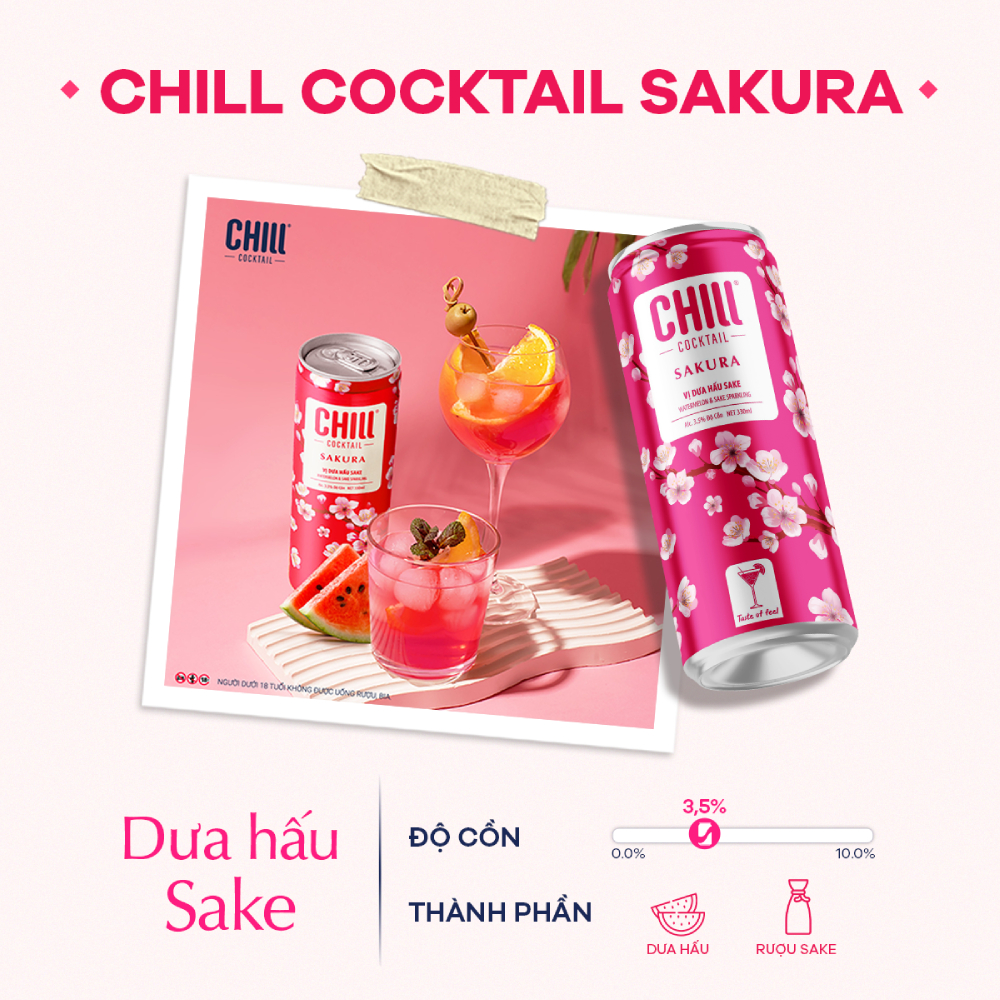 Combo 3 Thùng 6 lon Chill Cocktail Sakura mix vị Vải Sake & Dưa Hấu Sake (18 lon x 330ml/lon)