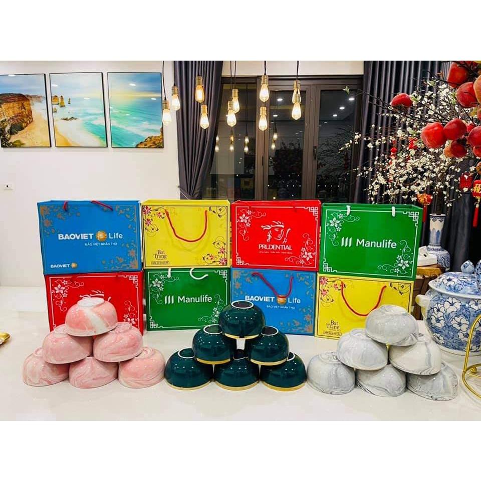 Bộ 6 bát sứ xanh viền vàng cao cấp kèm đũa