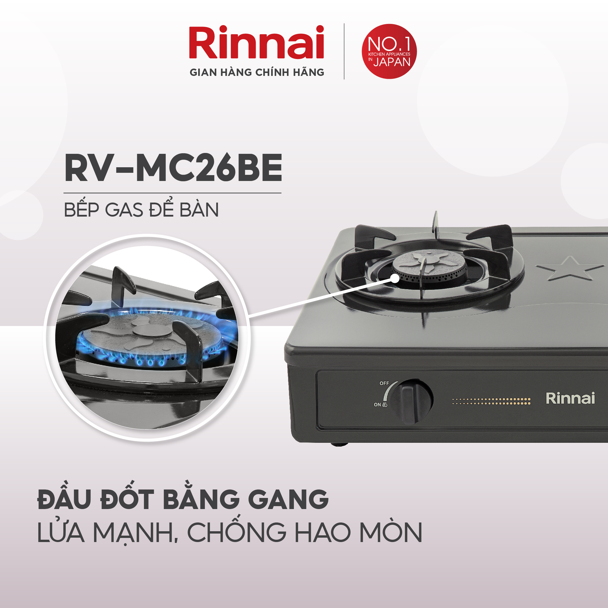 Bếp gas dương Rinnai RV-MC26RS mặt bếp inox và kiềng bếp men - Hàng chính hãng.