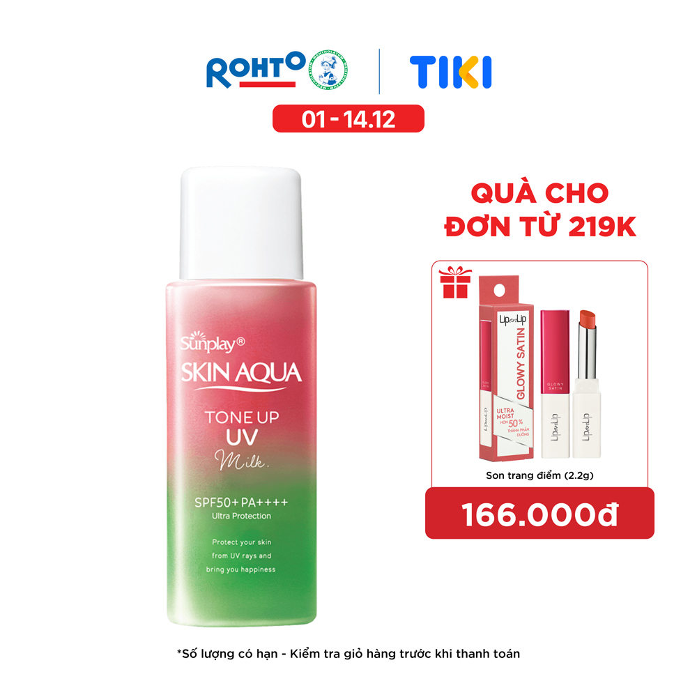 Kem Chống Nắng Nâng Tông Skin Aqua Tone Up Rose Cho Da Trắng, Khuyết Điểm Xanh Hoặc Tái Xanh, Dạng Sữa Sunplay Skin Aqua Tone Up Uv Milk Happiness Aura Rose Spf 50 Pa 50G