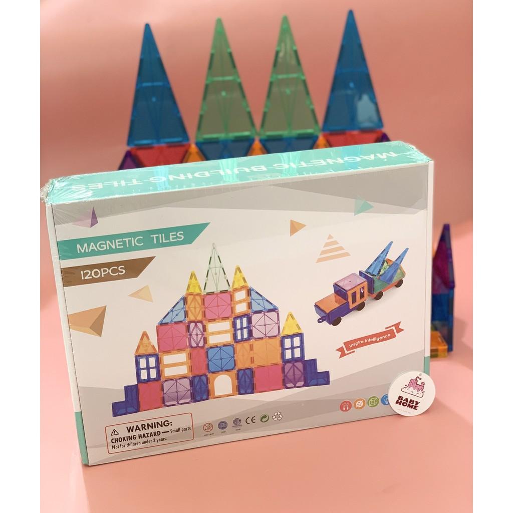 Bộ đồ chơi xếp hình nam châm miếng ghép từ tính trong suốt Magnetic Tiles 120pcs chi tiết tòa nhà, lâu đài