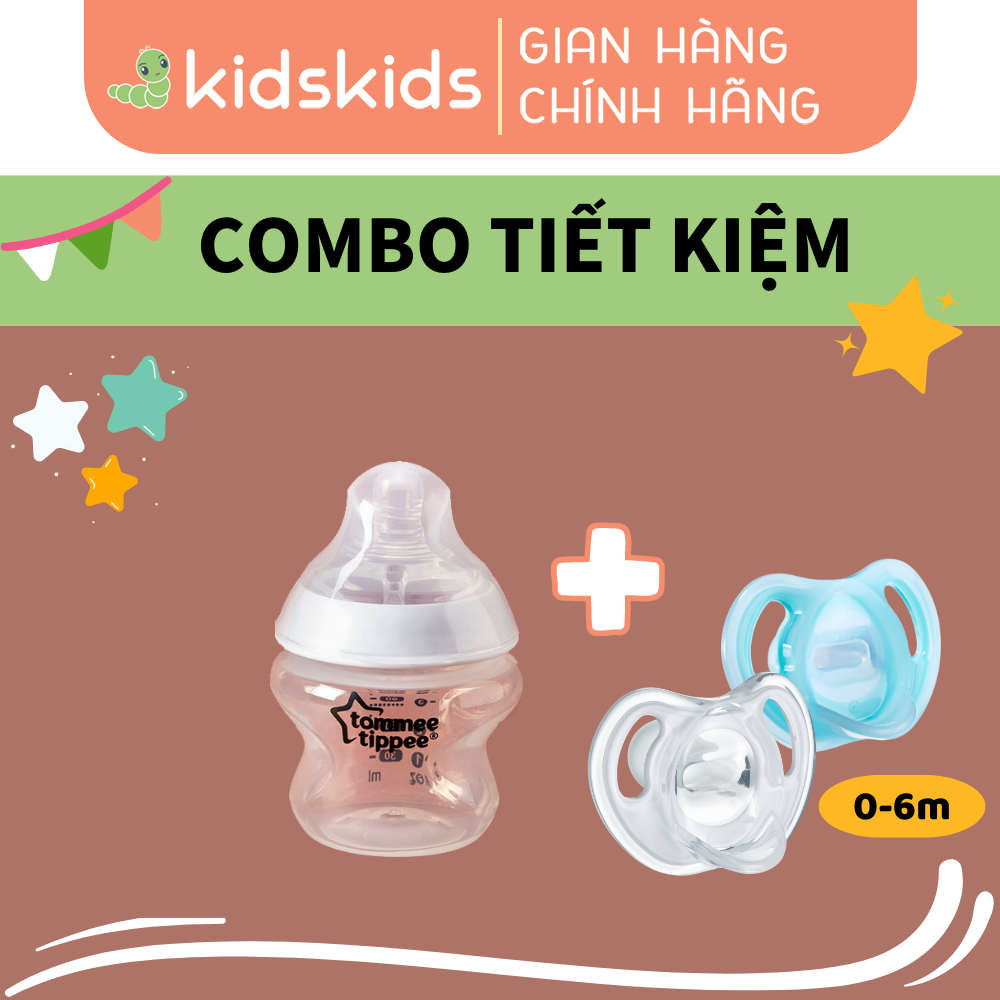 COMBO Ty ngậm silicon siêu nhẹ Tommee Tippee Ultra Light 0-6 tháng &amp; Bình sữa ty siêu mềm tự nhiên Tommee Tippee 150ml