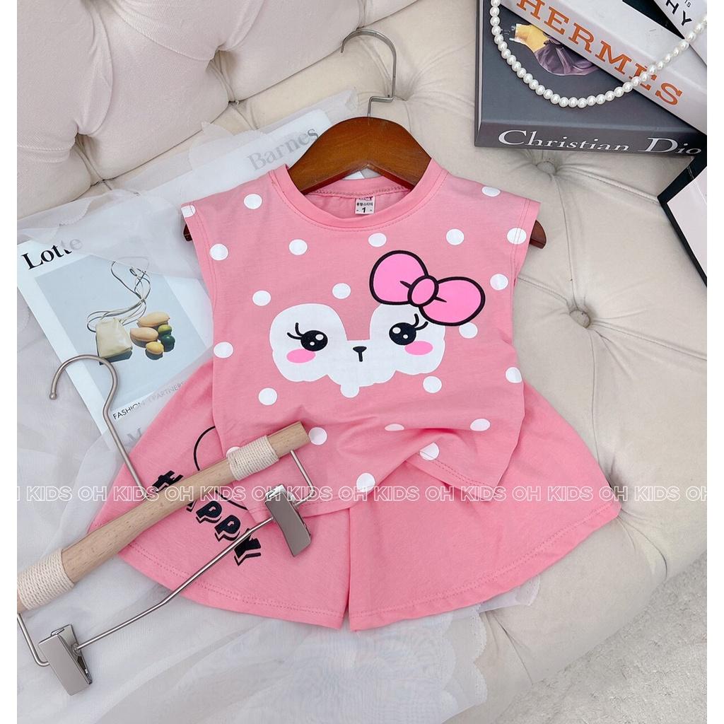 Bộ cộc tay bé gái, bộ quần áo cotton tàu, áo in hình dễ thương cho bé, quần xòe giả váy