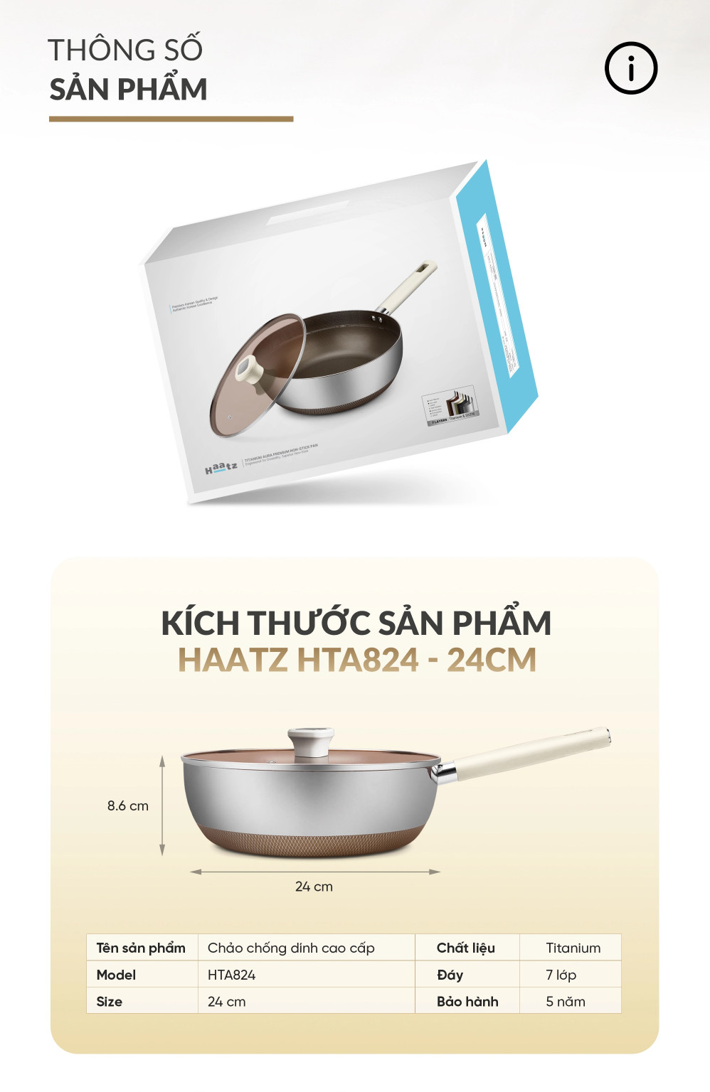 (Bảo Hành 5 Năm) Chảo Chống Dính Sâu Lòng Titanium 24cm Aura Haatz HTA824 Kèm Vung Kính - Hàng Chính Hãng