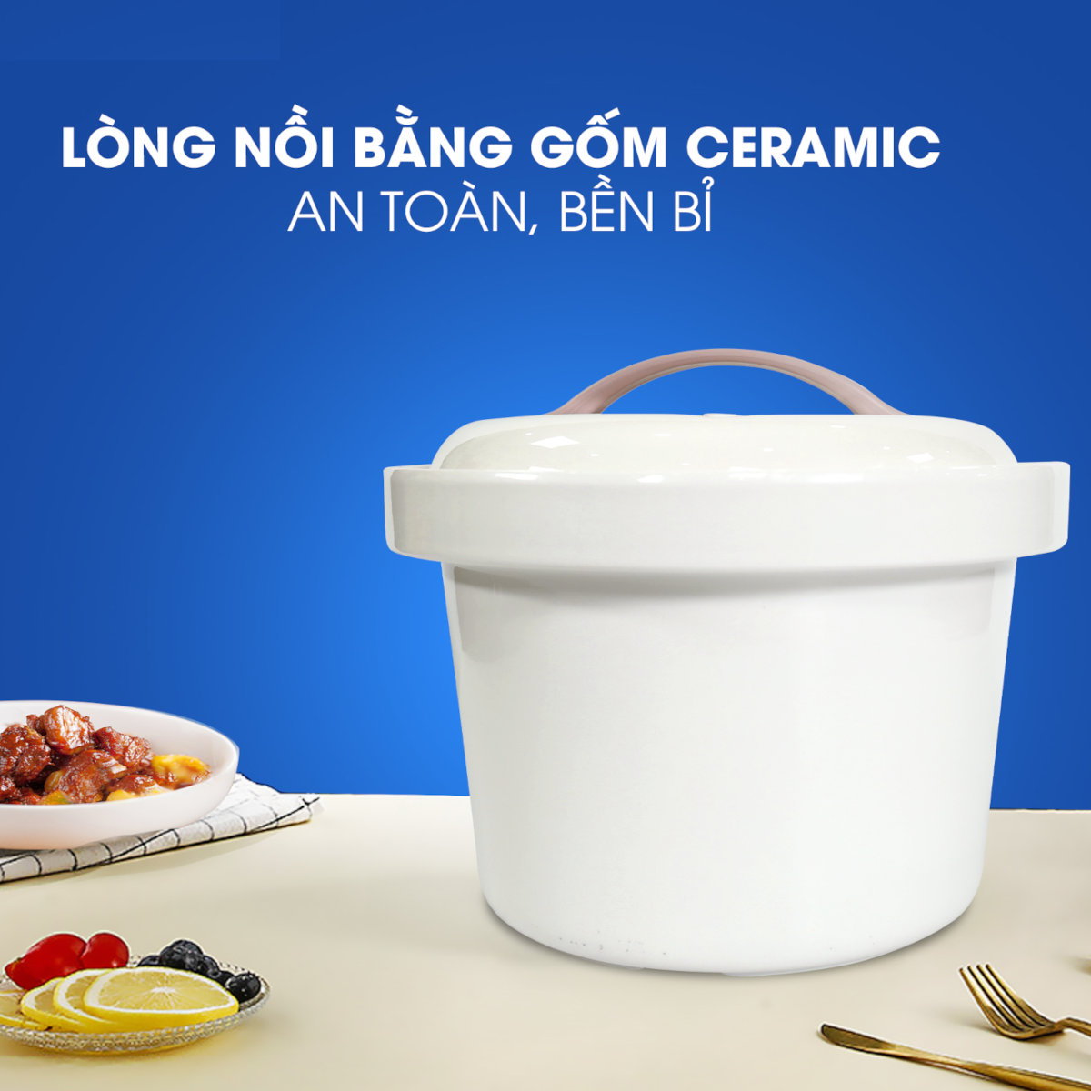 Nồi nấu chậm Bennix Thái Lan BN-68KC-C dung tích 3L nắp sứ trắng - Hàng chính hãng