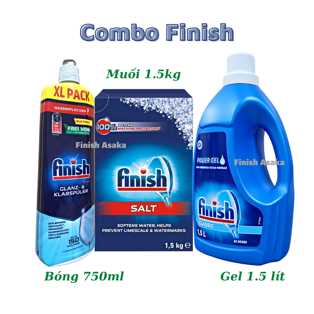 Combo rửa chén Finish : Nước làm bóng chai 750ml, Gel classic can 1,5 lít, Muối hộp 1,5kg - Chính hãng.