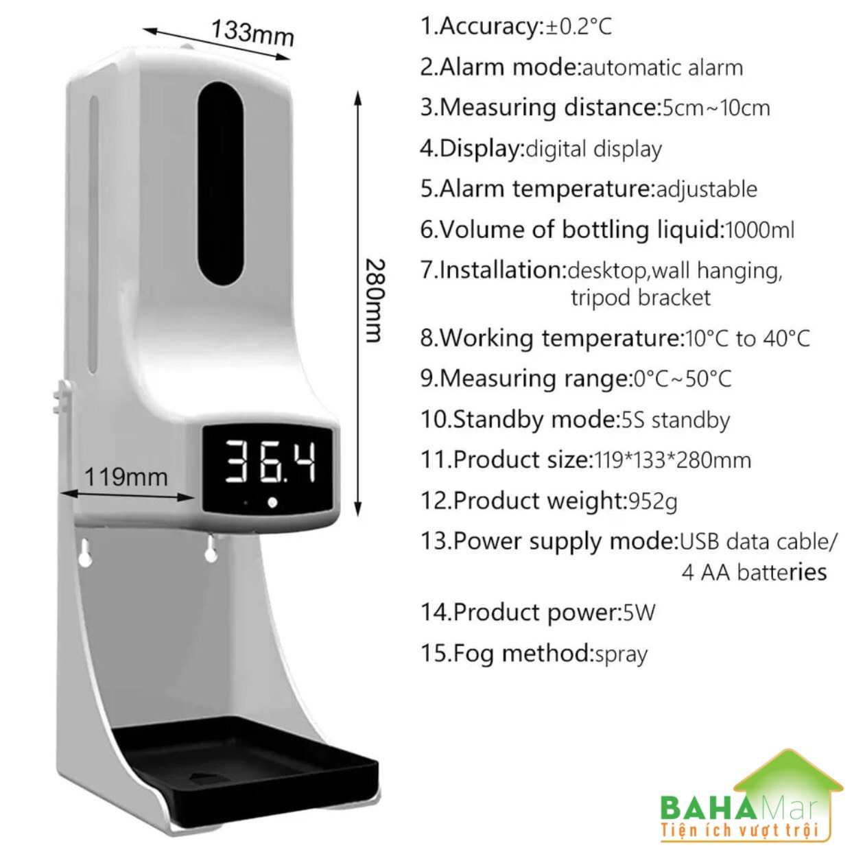MÁY TÍCH HỢP 2 TRONG 1 ĐO NHIỆT ĐỘ VÀ PHUN CẢM ỨNG RỬA TAY KHỬ TRÙNG TỰ ĐỘNG K9Pro BAHAMAR