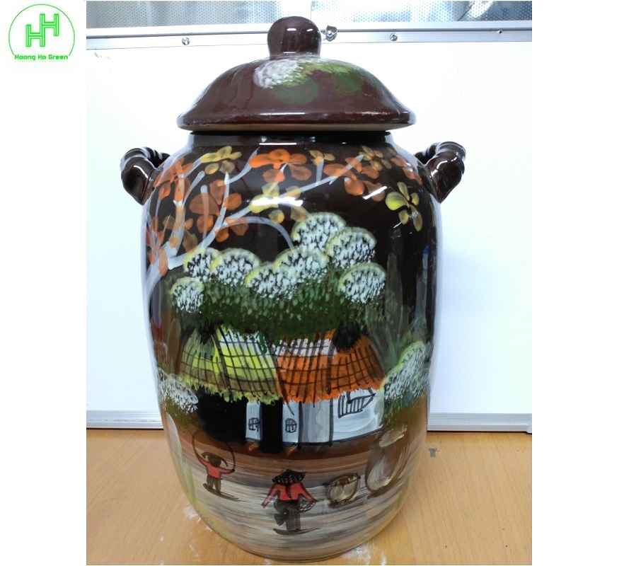 Bình, Chum, Vại ngâm r ượu chạm khắc họa tiết đồng quê, chất liệu Gốm Sứ Bát Tràng, dung tích 10L - Màu nâu đất