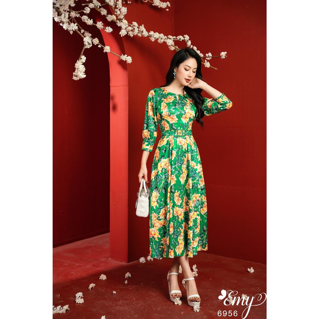 Đầm EMY EM6956 Xoè Midi Xanh Hoa