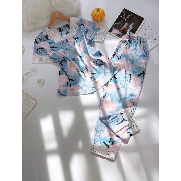 Pyjama Quần Dài Tay Ngắn Phối Ren Tole Lanh 40-68kg