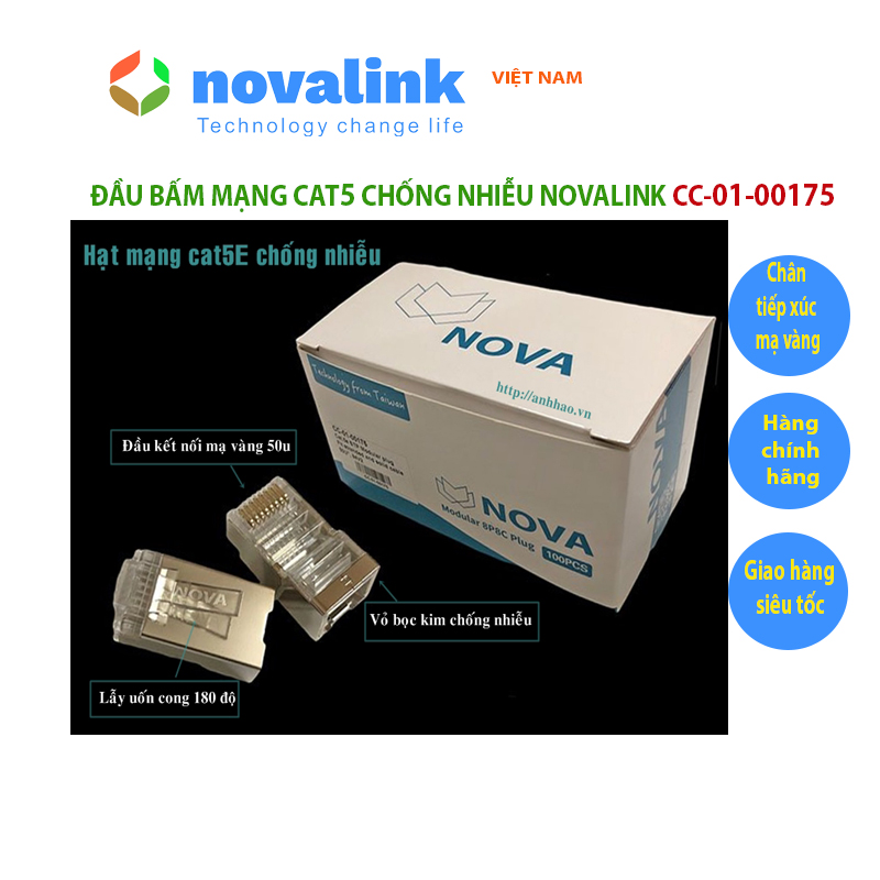 Đầu bấm mạng RJ45 cat5 chống nhiễu Nova CC-01-00175, Chân cắm mạ vàng 50U, vỏ bọc kim chống nhiễu - Hàng chính hãng