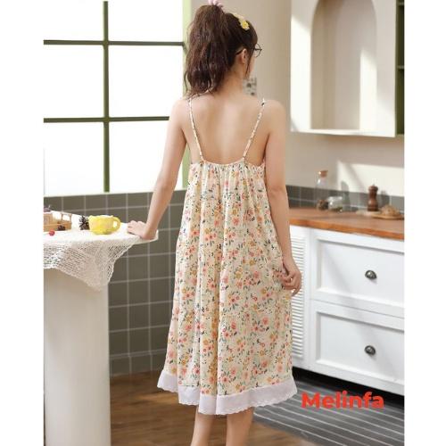 Váy ngủ hai dây nữ vải Cotton lụa tự nhiên thoáng mát mềm mại, đầm mặc nhà mùa hè freesize mã VAV0288