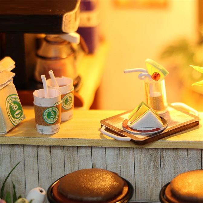 Mô hình nhà DIY Doll House Coffee Time Kèm Đèn LED và Mica chống bụi