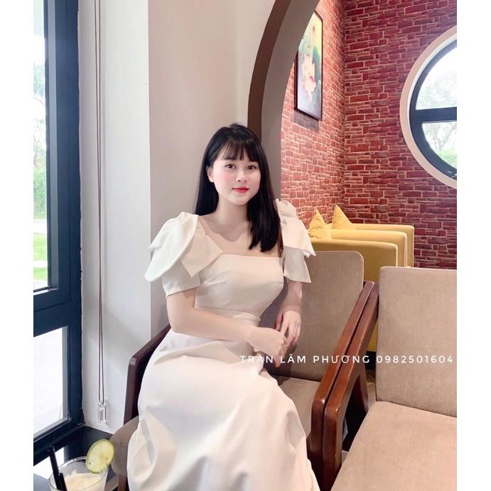 Đầm xoè trắng cổ vuông vai nơ