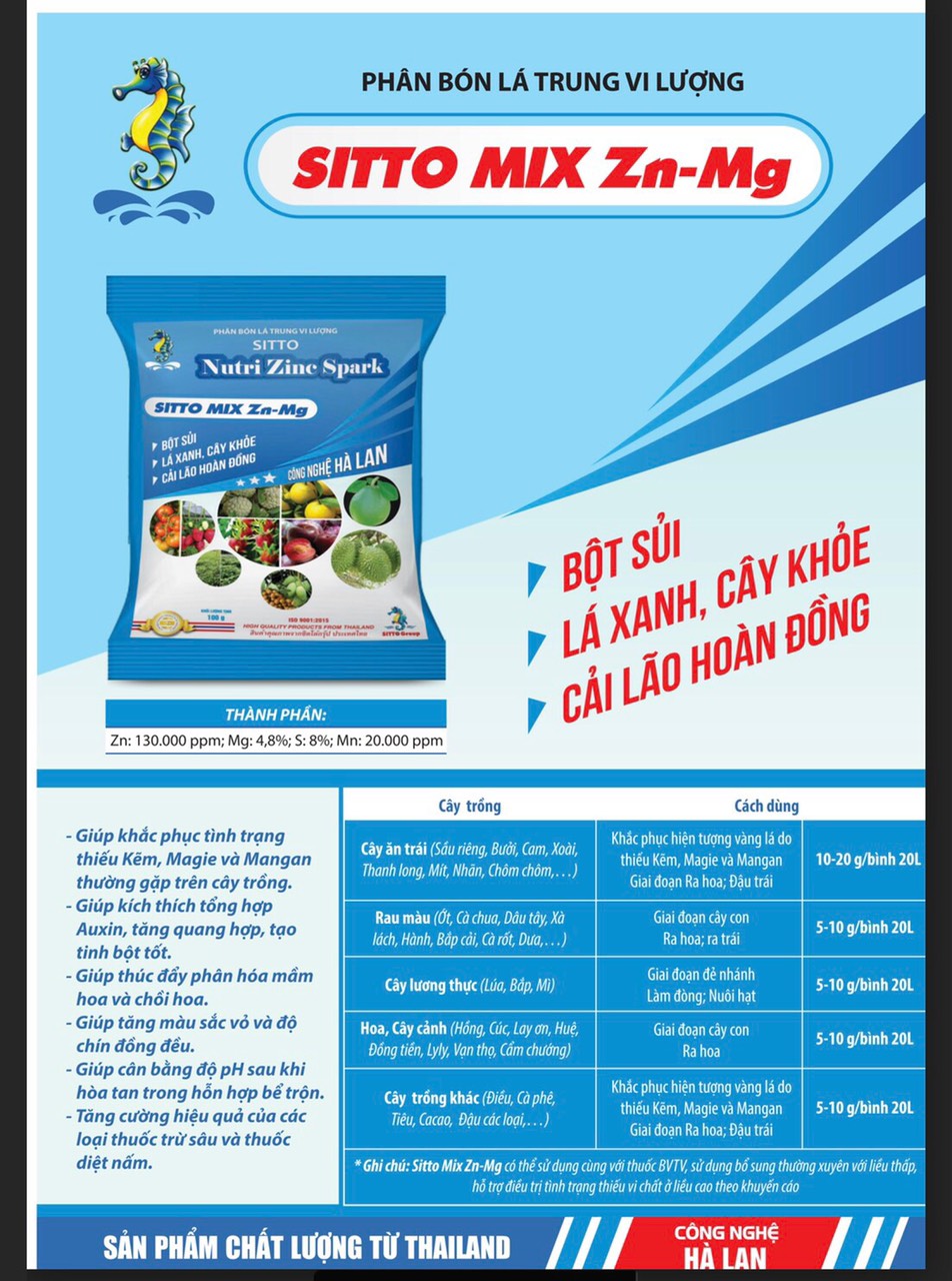 Phân bón lá trung-vi lượng gói 100g Nutri Zinc Spark SITTO MIX Zn-Mg