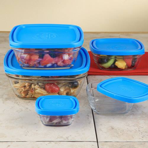 Bộ Hộp thực phẩm D9015A Duralex - Freshbox nắp xanh Blue 5 size Thủy tinh cường lực Pháp