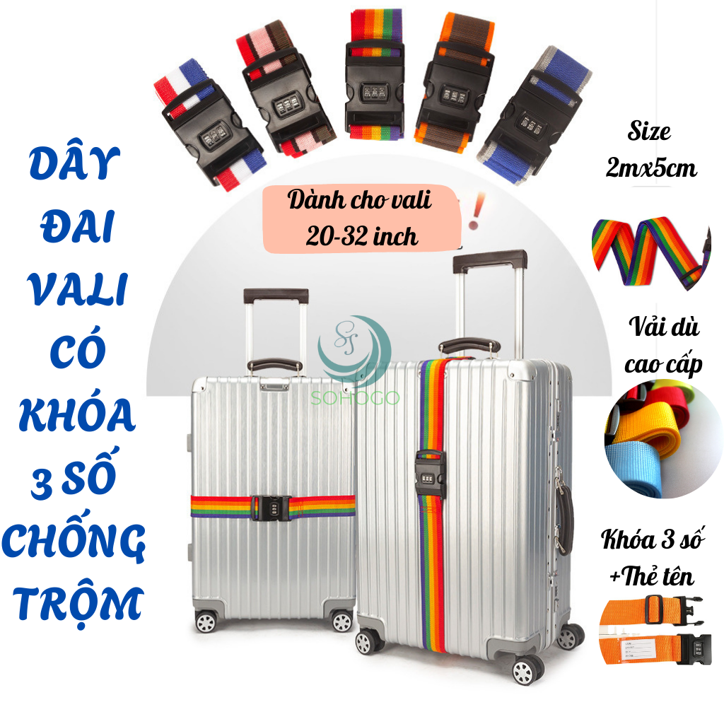 Dây đai vali hành lý chống bung 2m có khóa 3 số- Dây buộc vali du lịch co giãn, có khóa- Dây đai cố định vali cao cấp- Dây đai vali mã số an toàn