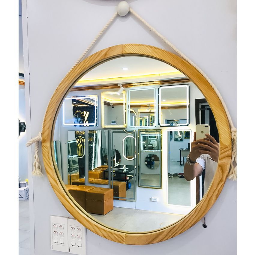 Gương tròn soi khung gỗ treo tường trang điểm viền tròn dây thừng kích thước 50cm và 60cm mirror KG-0005