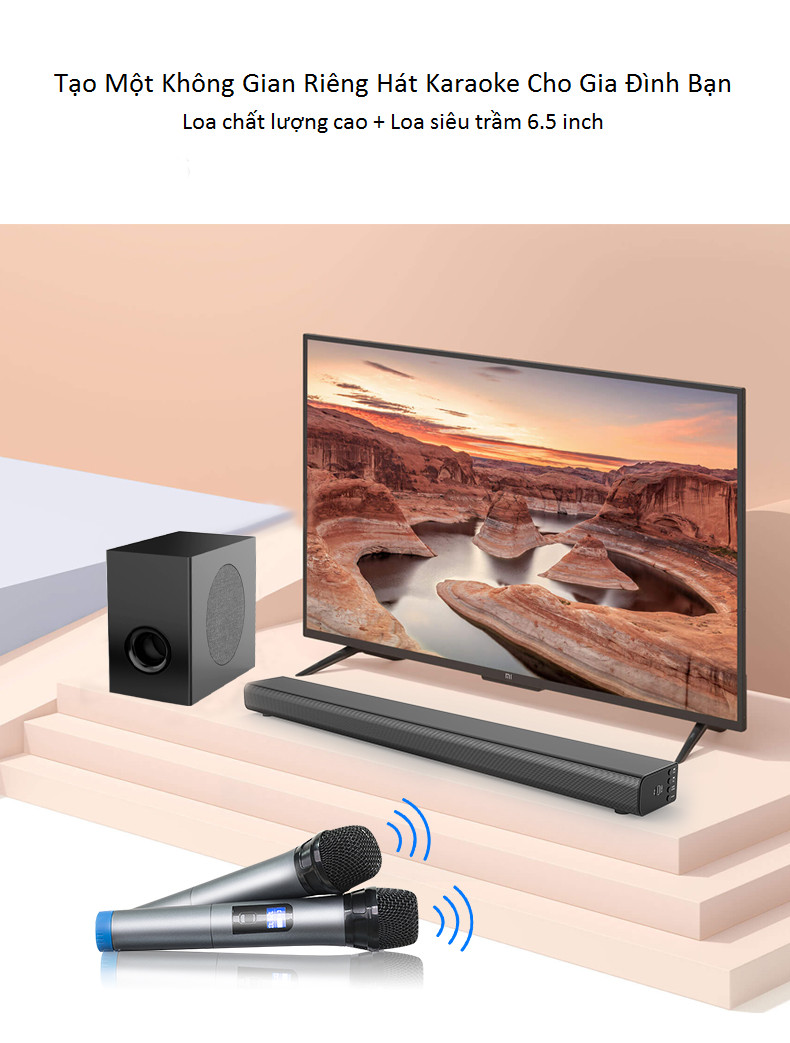 Bộ Sản Phẩm Cho Ngôi Nhà Sống Động Loa Soundbar 5.1 Bluetooth Hát Karaoke AMOI L5 + Loa Siêu Trầm S2 Tặng 02 Micro Không Dây AZONE - Đen